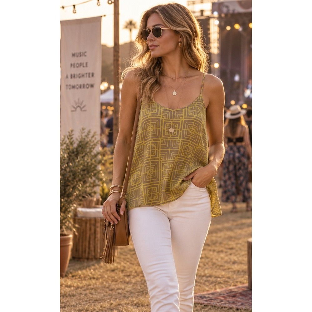 Alice & Trixie Silk t-back print acid yellow festival camisole tank Sz XS